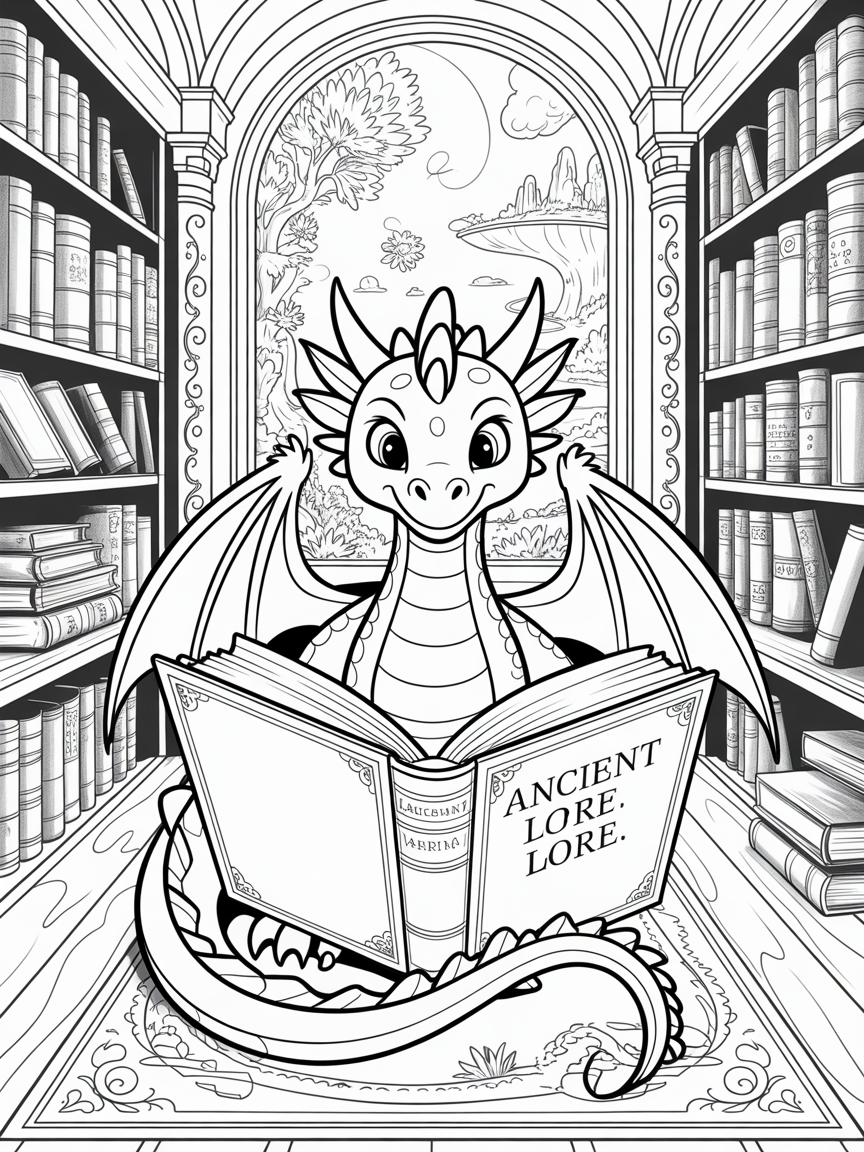 A darling magic dragon reading a book in a magical library - Free Coloring Page