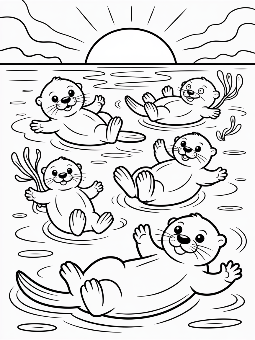 Sea otters in the ocean wat sunset - Free Coloring Page
