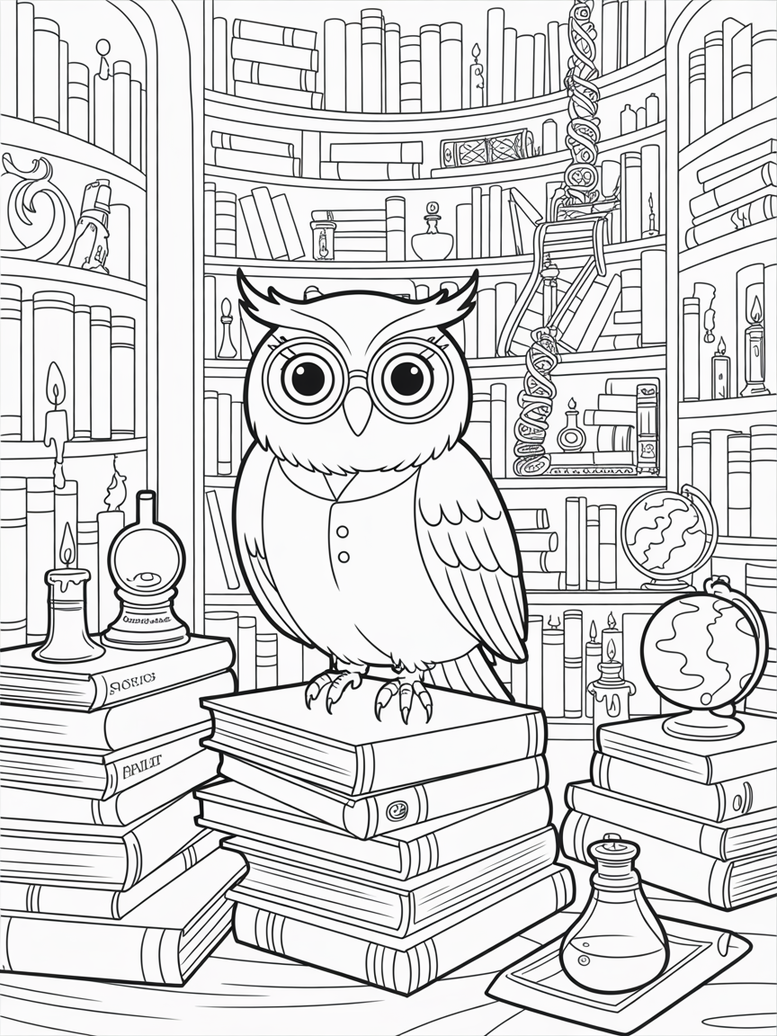 A darling magic owlett reading a book in a magical library - Free Coloring Page