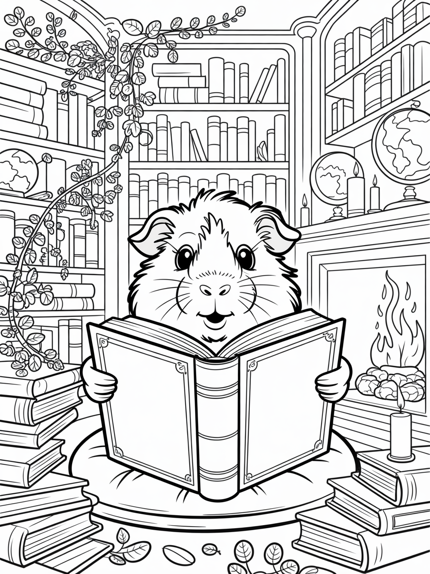 A darling magic guinea pig reading a book in a magical library - Free Coloring Page