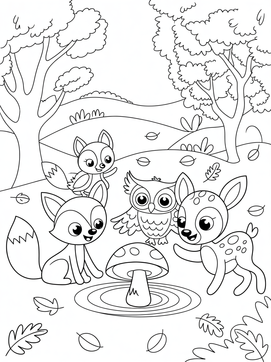 Evening Autumn Forest with mystical forest creatures celebrating - Free Coloring Page