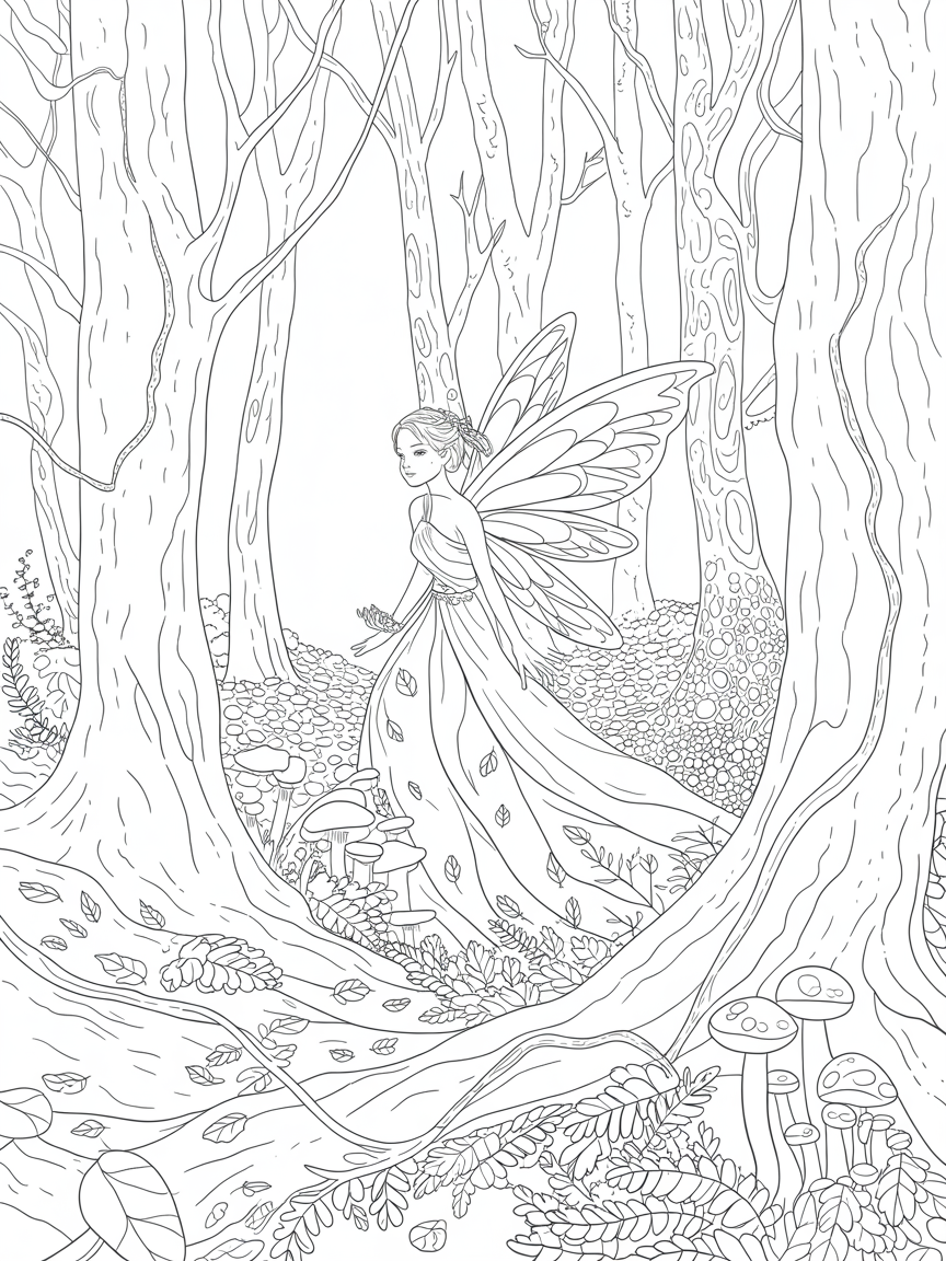 Realistic Evening Autumn Forest with mystical forest fairy - Free Coloring Page