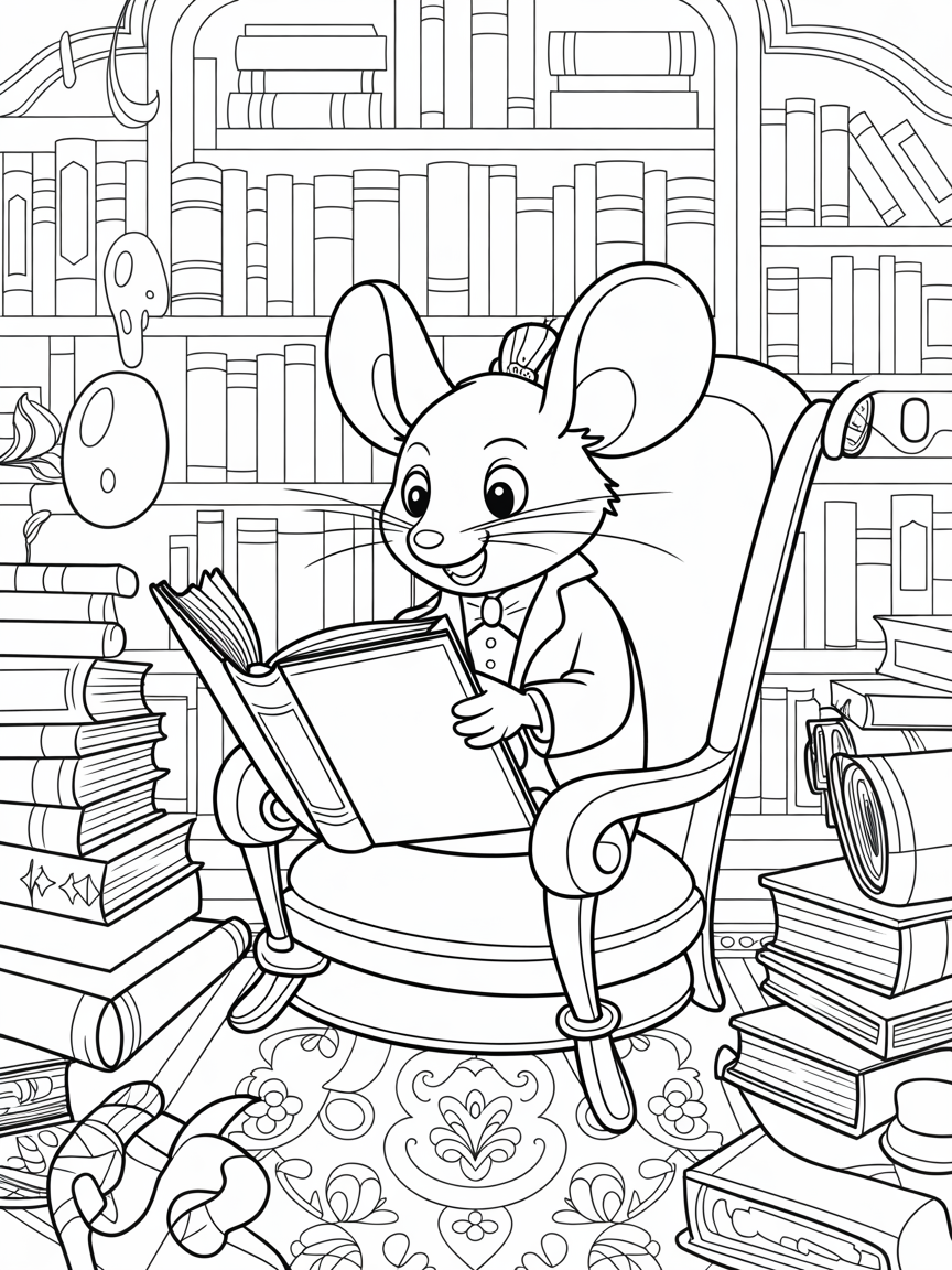 A darling magic mouse reading a book in a magical library - Free Coloring Page