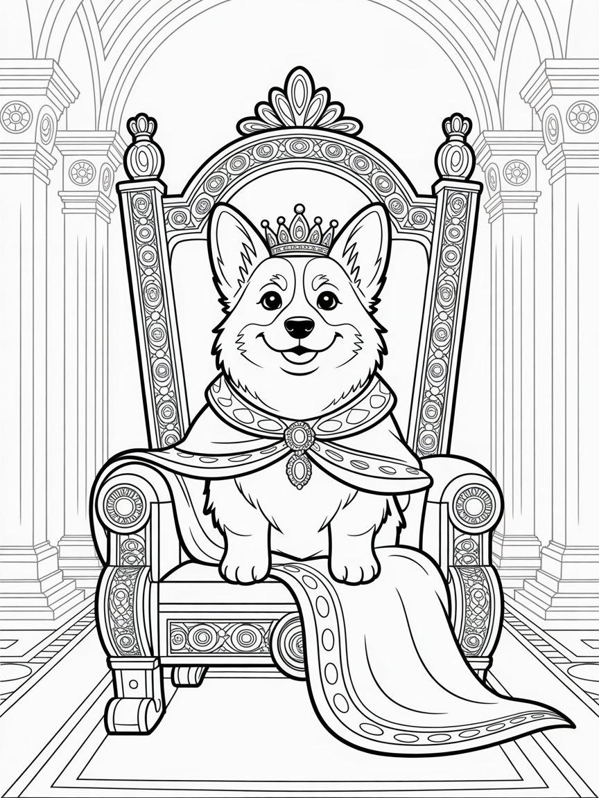 Realistic Corgi king sitting on throne - Free Coloring Page