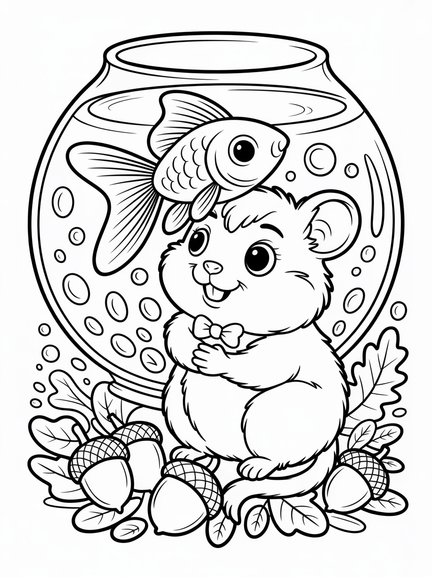 Cute goldfish and hamster hugging - Free Coloring Page