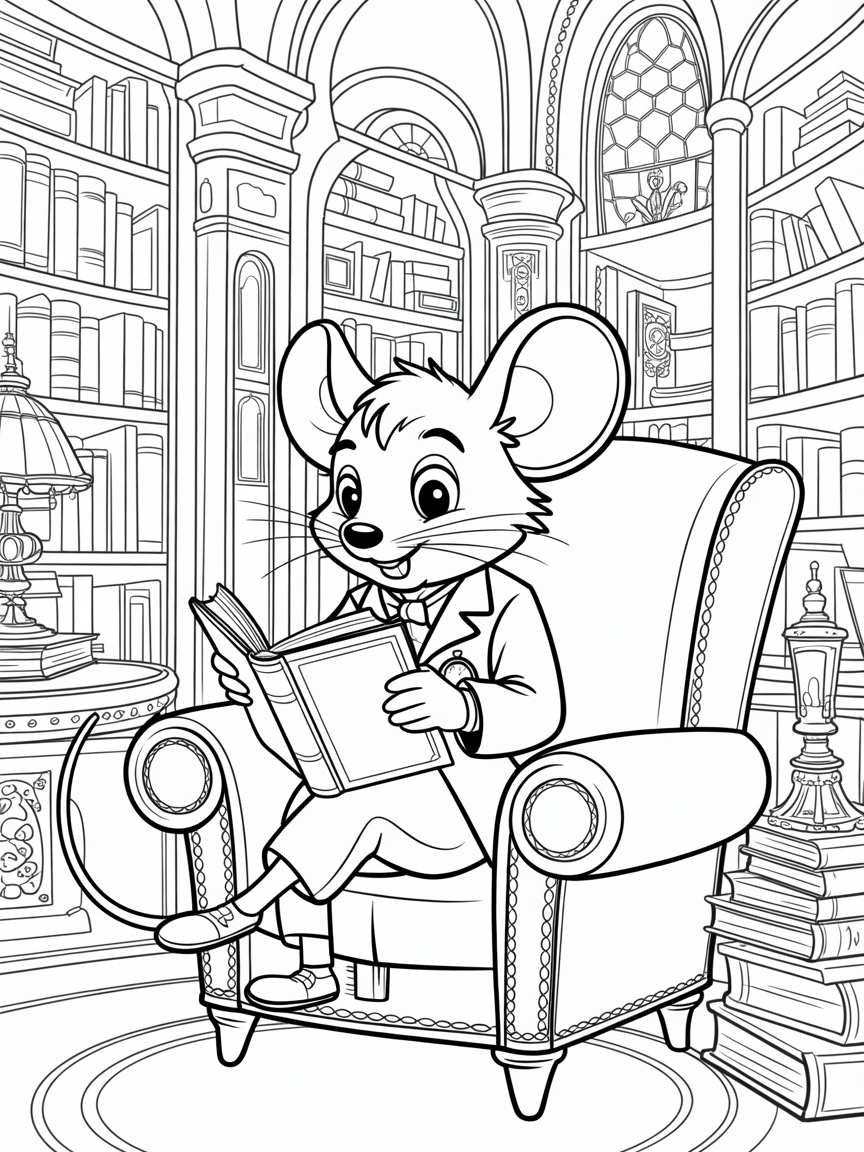 A darling magicol mouse reading a book in a magical library - Free Coloring Page