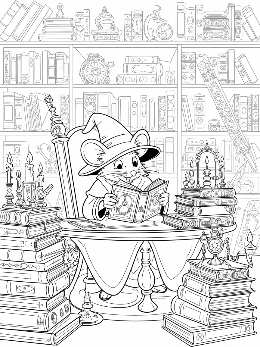 A darling wizerd mouse reading a book in a magical library - Free Coloring Page