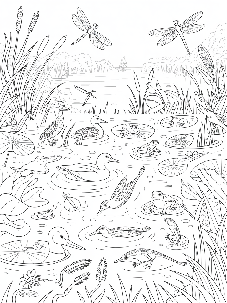 Dragonflies, ducks, frogs,grebes - Free Coloring Page