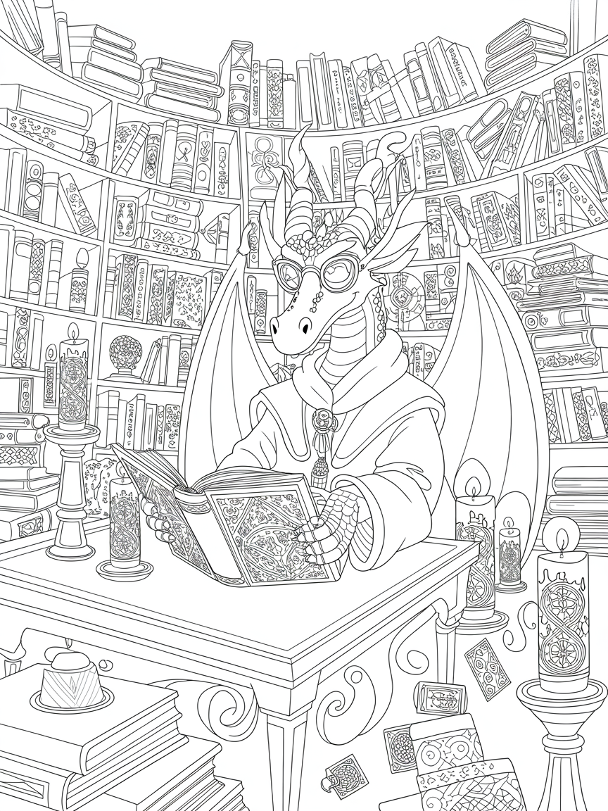 A darling wizerd dragon reading a book in a magical library - Free Coloring Page