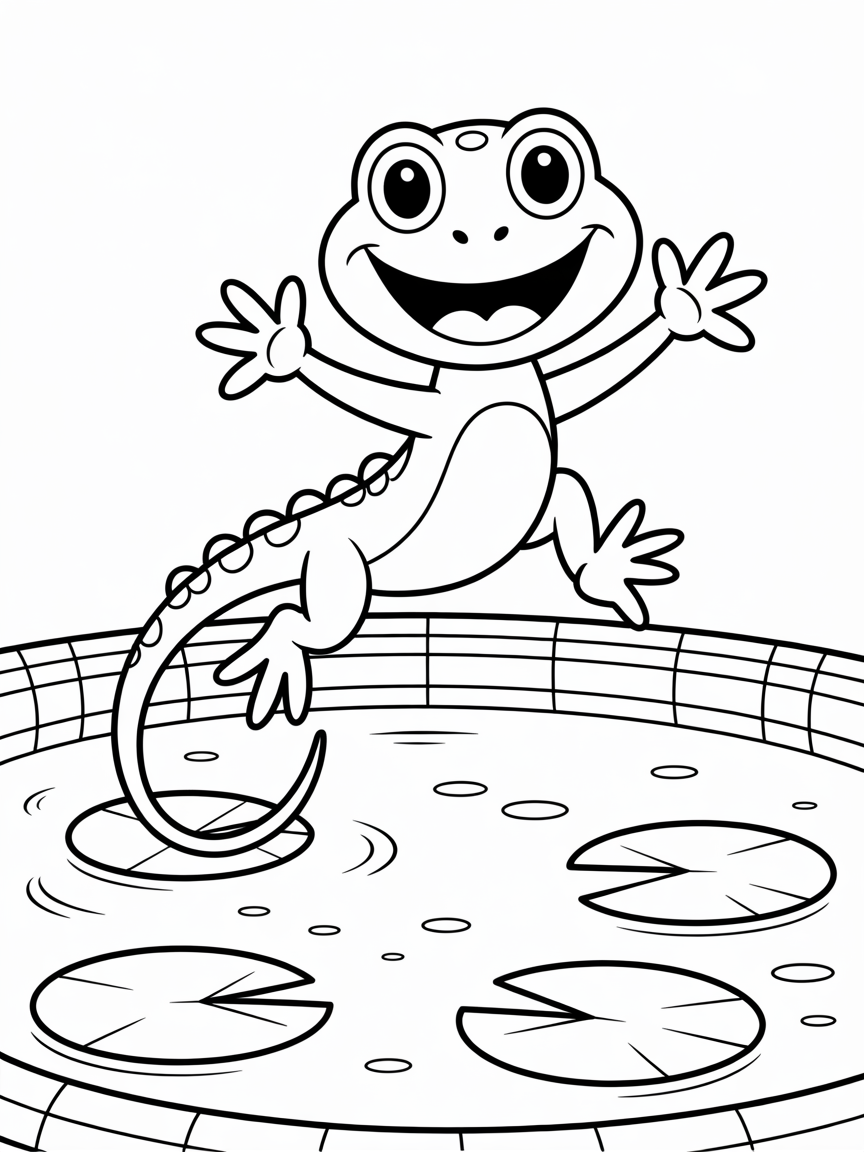 A happy lizard jumping in the pool - Free Coloring Page