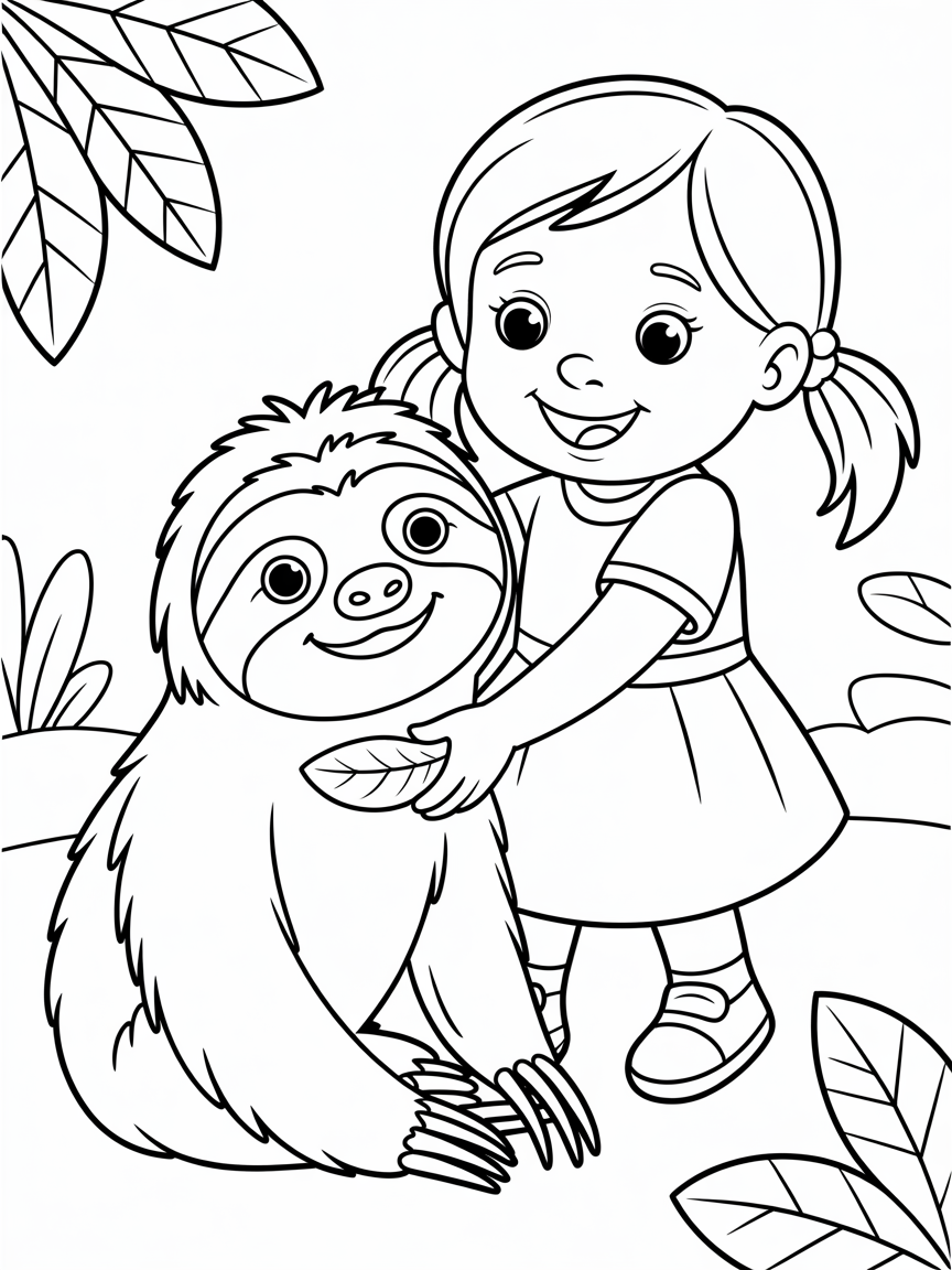 A little girl feeding a sloth - Free Coloring Page