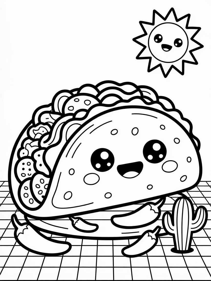 Taco with kawaii smiley face - Free Coloring Page