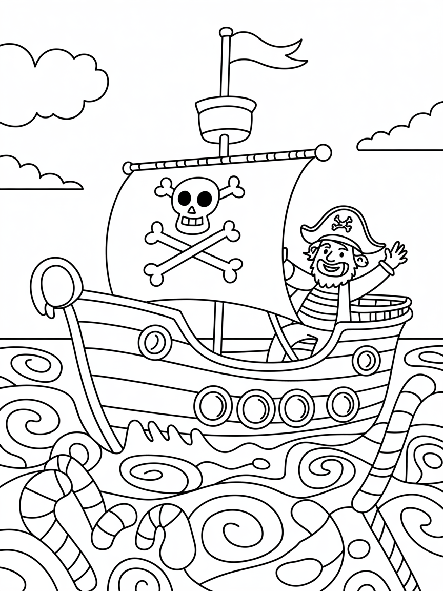 Pirate ship sailing through candy ocean - Free Coloring Page