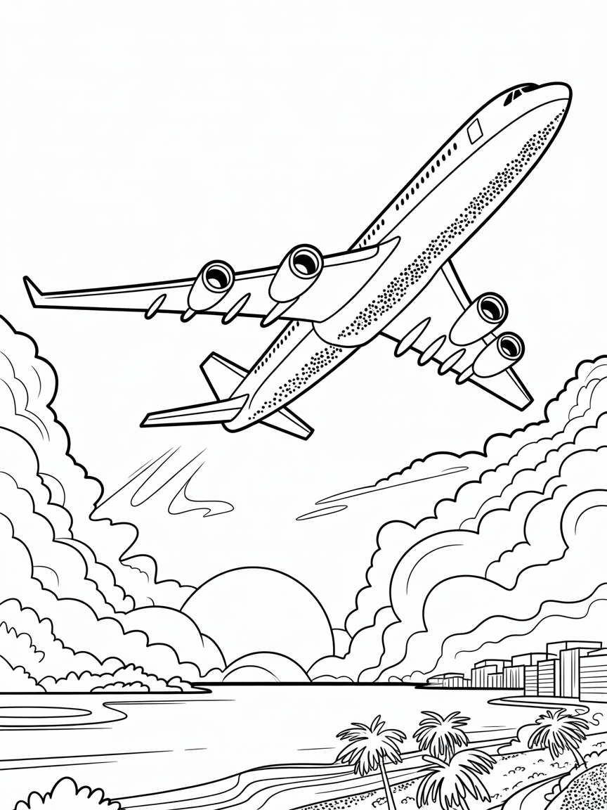 Jumbo jet taking off sunset - Free Coloring Page