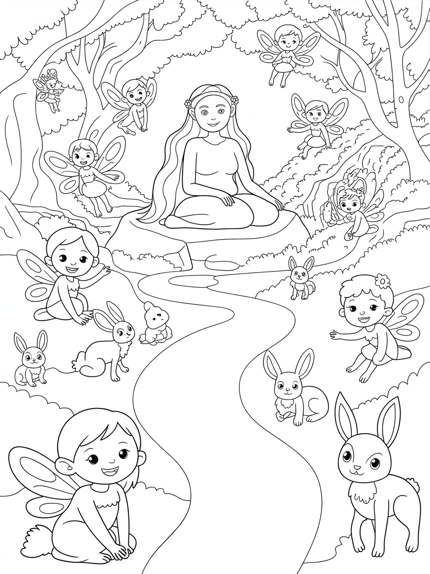 A beautiful green forest with a winding pathway with mother Gaia placed upon a rock. Surrounding her are fairies and woodland creatures - Free Coloring Page