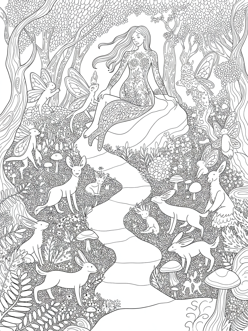 A beautiful green forest with a winding pathway with mother Gaia placed upon a rock. Surrounding her are fairies and woodland creatures - Free Coloring Page