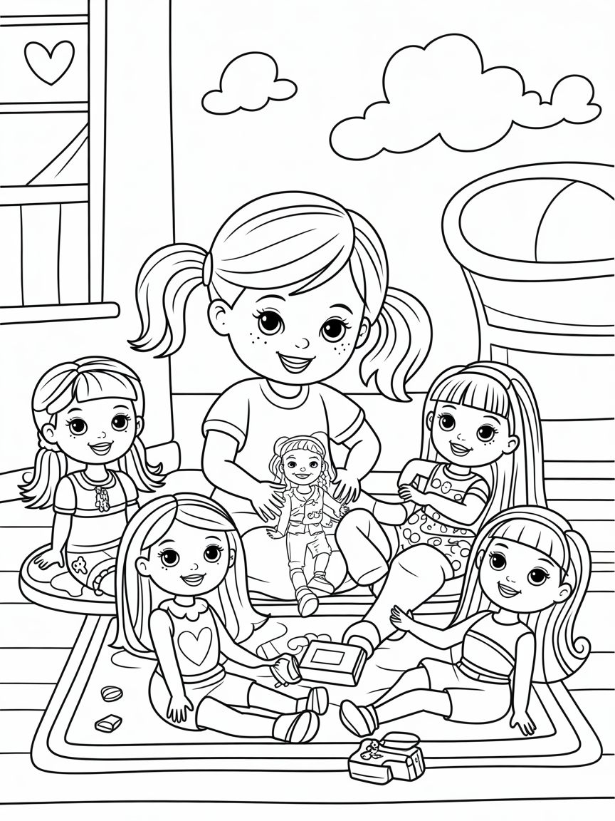 Little girl playing with barbies - Free Coloring Page