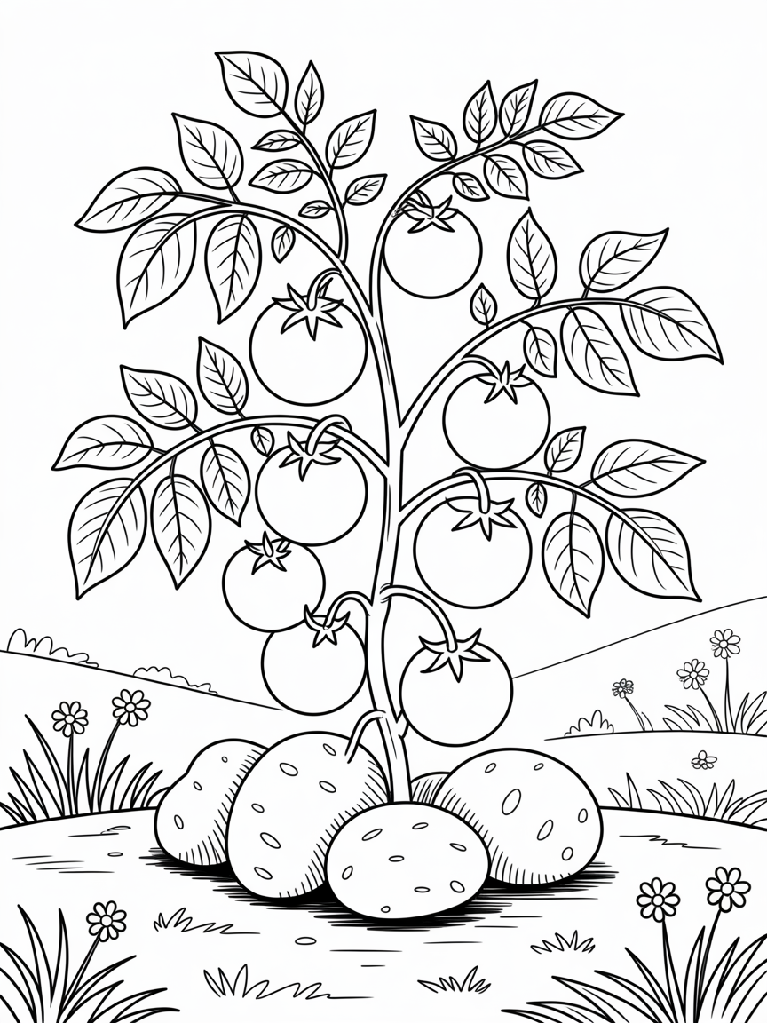 Potatoes and tomatoes on the same plant - Free Coloring Page