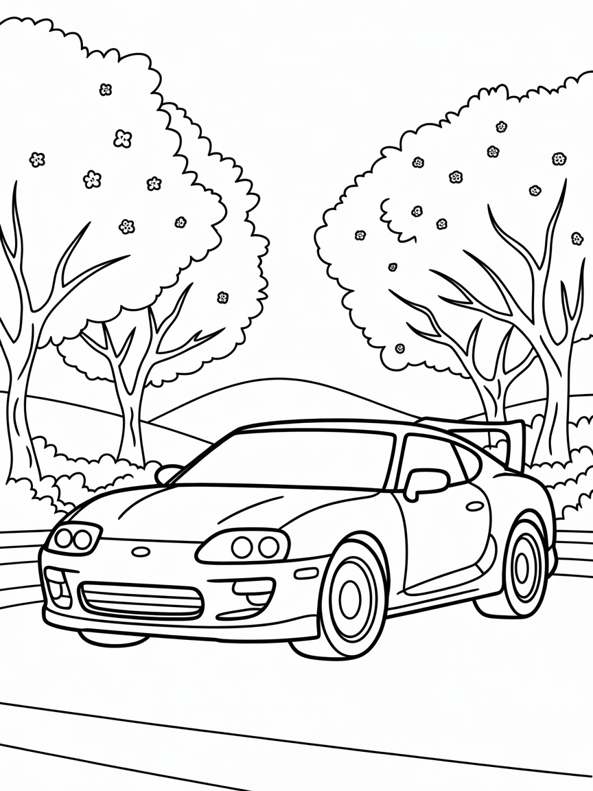 Toyota supra 98 in the middle of a cherry blossom festival - Free Coloring Page