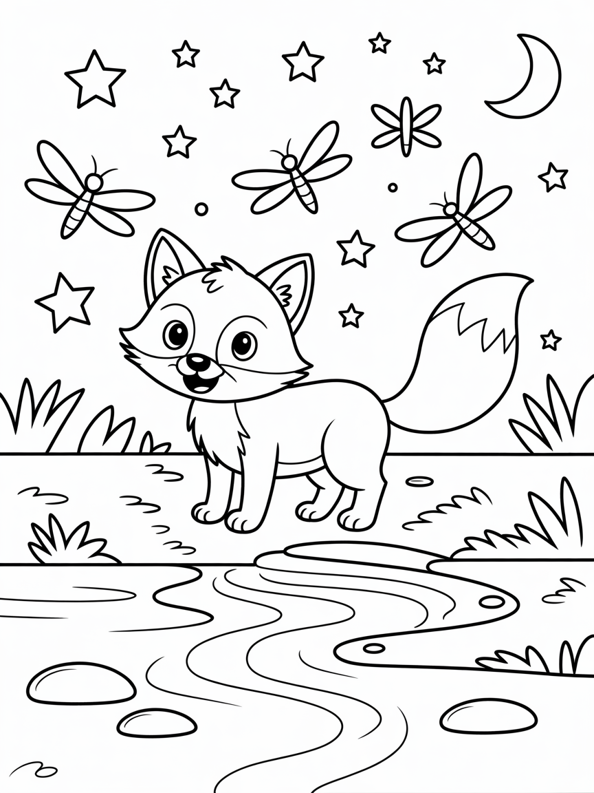 Fox at night by a stream with fireflies - Free Coloring Page