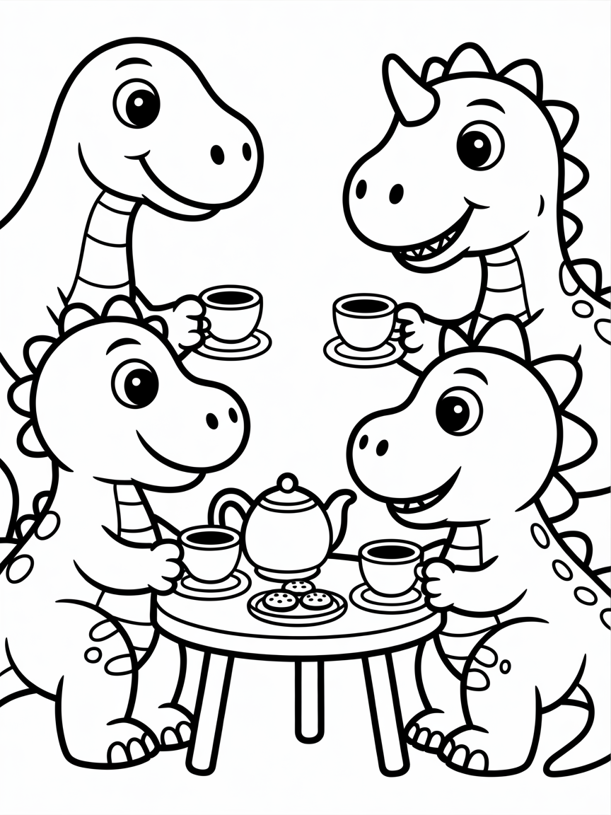 3 dinosaurs having tea - Free Coloring Page