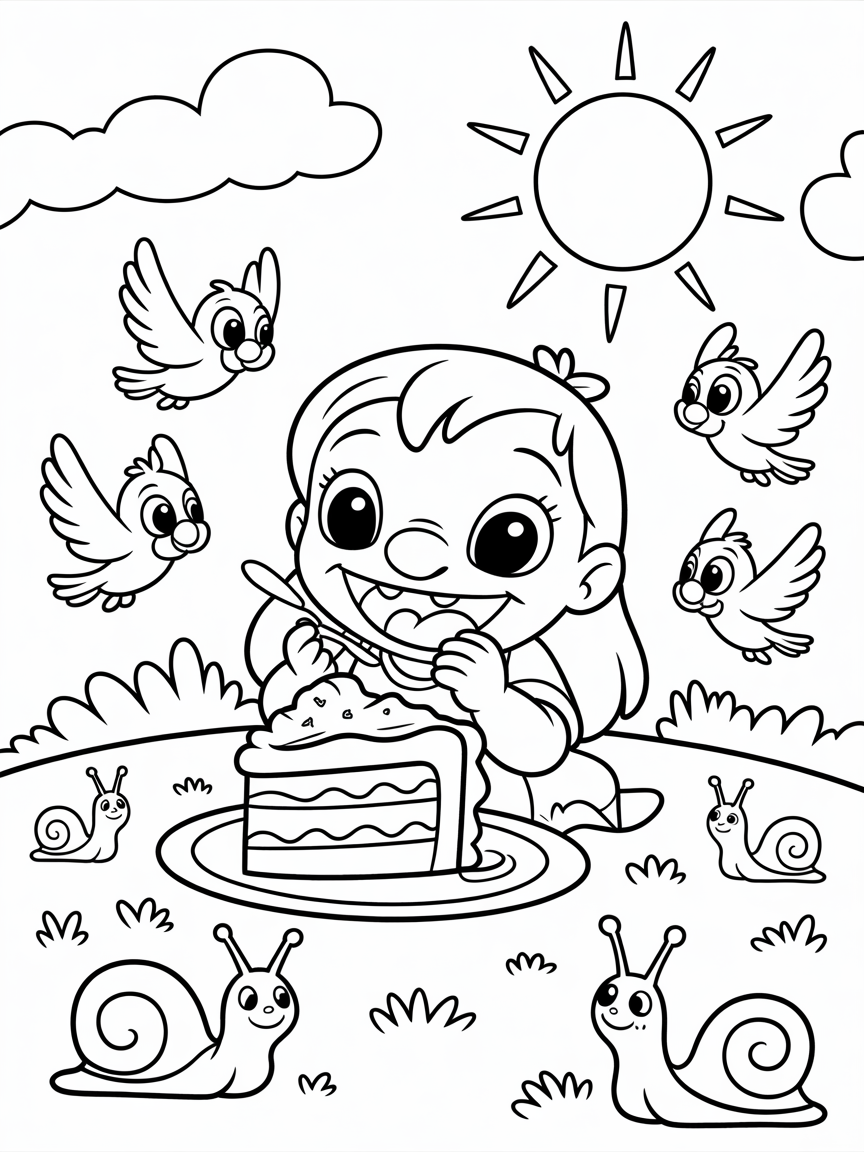 Angel from lilo and stitch eating cake, there are birds and bees around her, there are snails on the ground, the weather is nice a sunny - Free Coloring Page