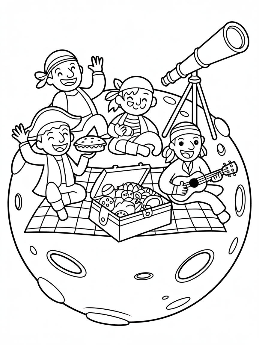 Pirates having a picnic on the moon - Free Coloring Page