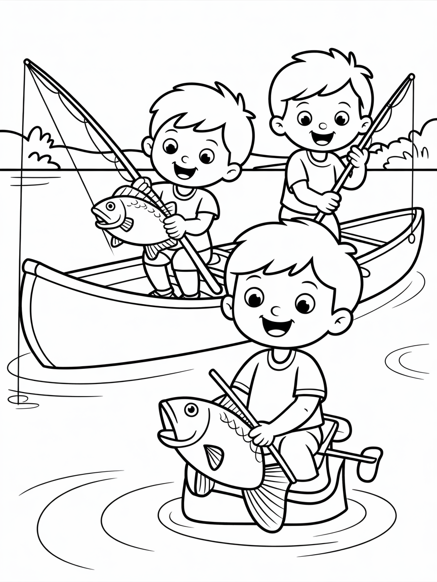 Kids fishing from a canoe - Free Coloring Page