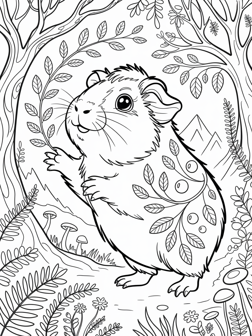 A cute guine pig in the forest casting nature magic supporting trees - Free Coloring Page