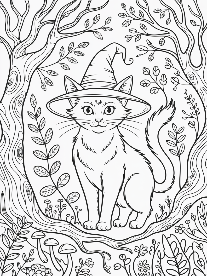 A cute witchcat in the forest casting nature magic supporting trees - Free Coloring Page