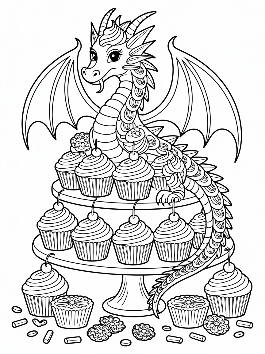 A dragon made of cupcake - Free Coloring Page