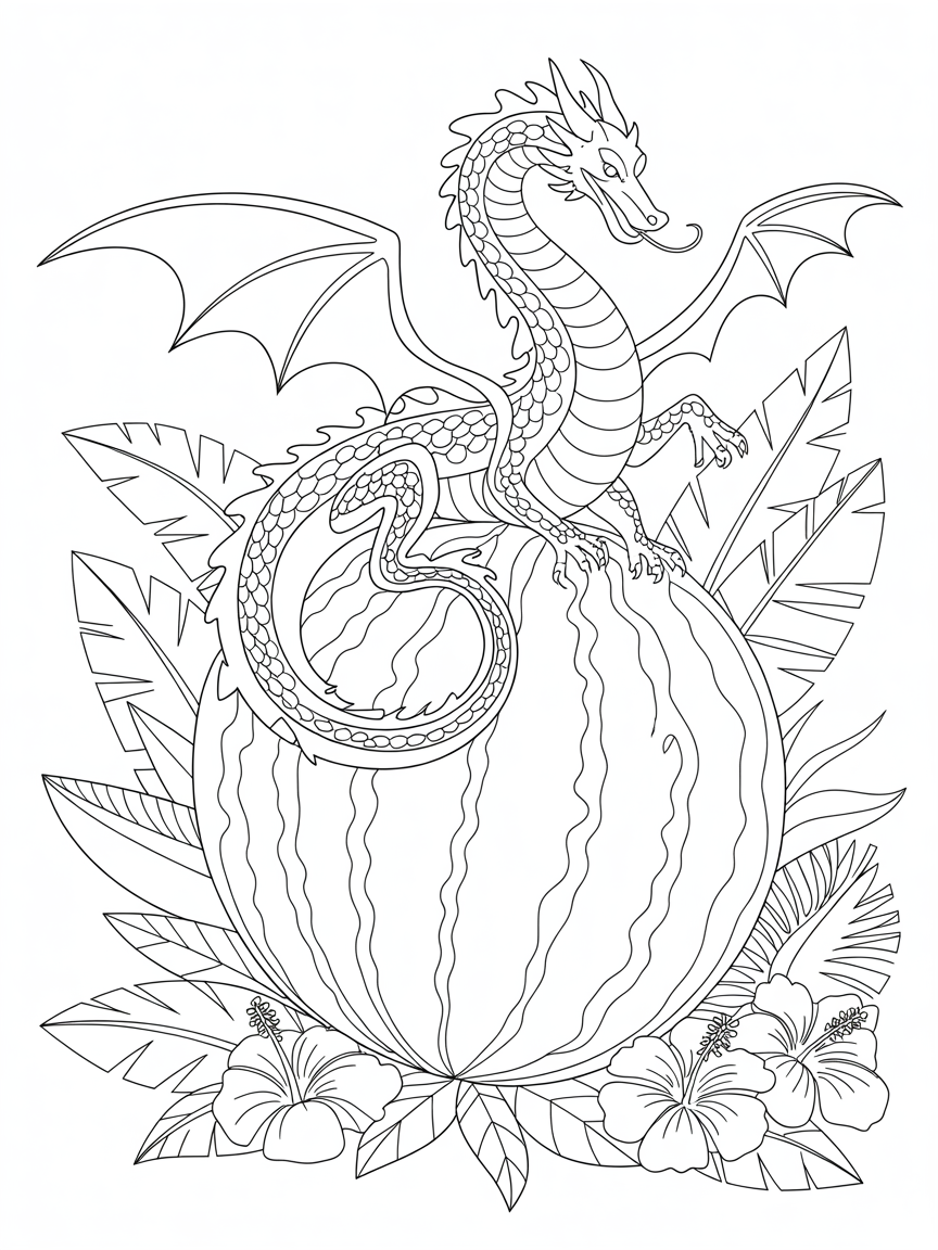 A dragon in a watermelon - Free Coloring Page