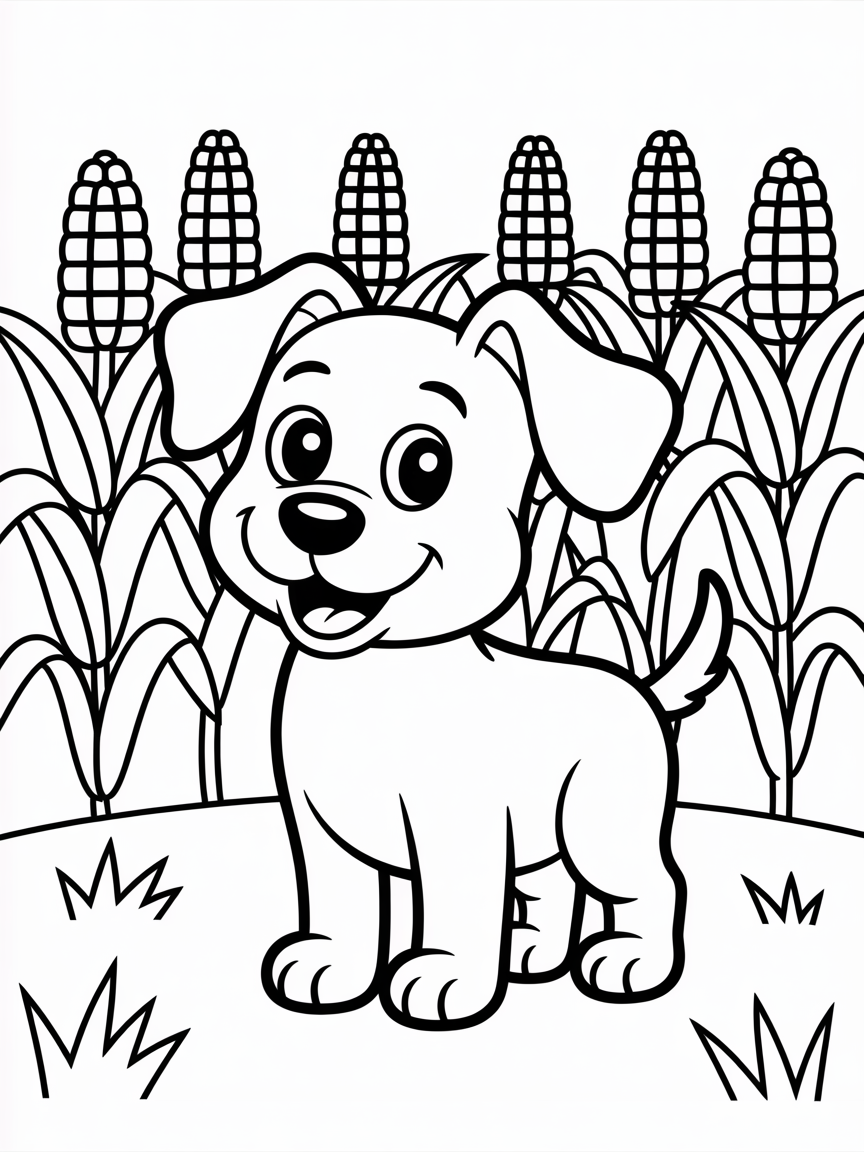Dog in field of sweetcorn - Free Coloring Page