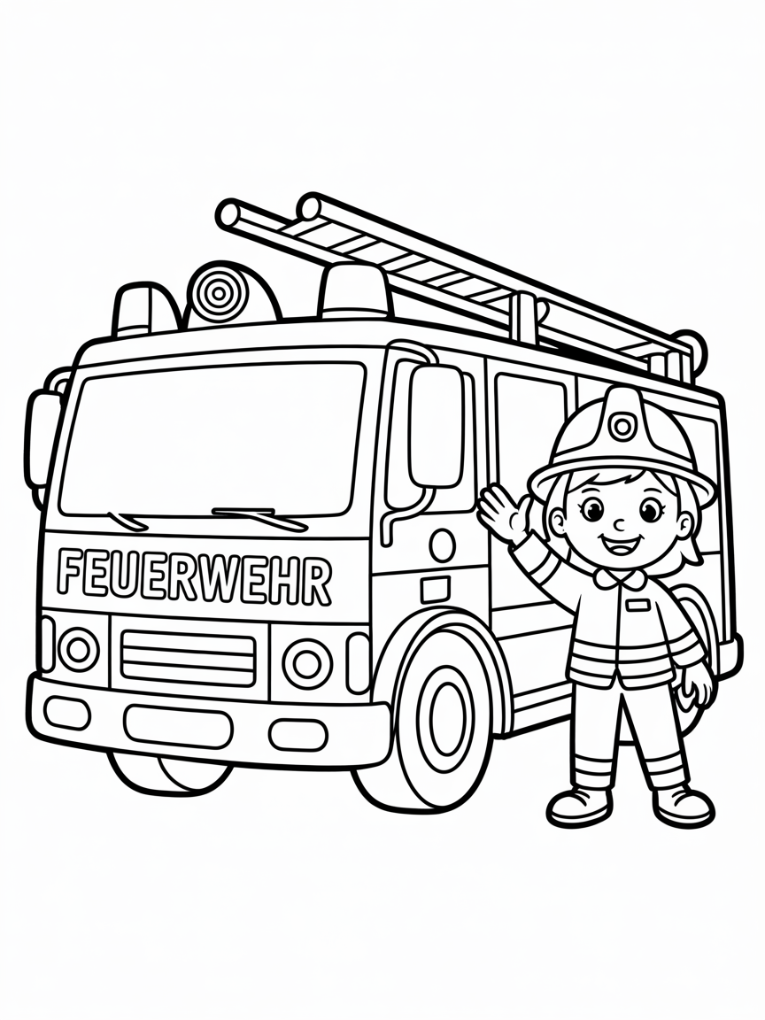 german fire engine. ensure text feuerwehr on truck. female fire fighter - Free Coloring Page