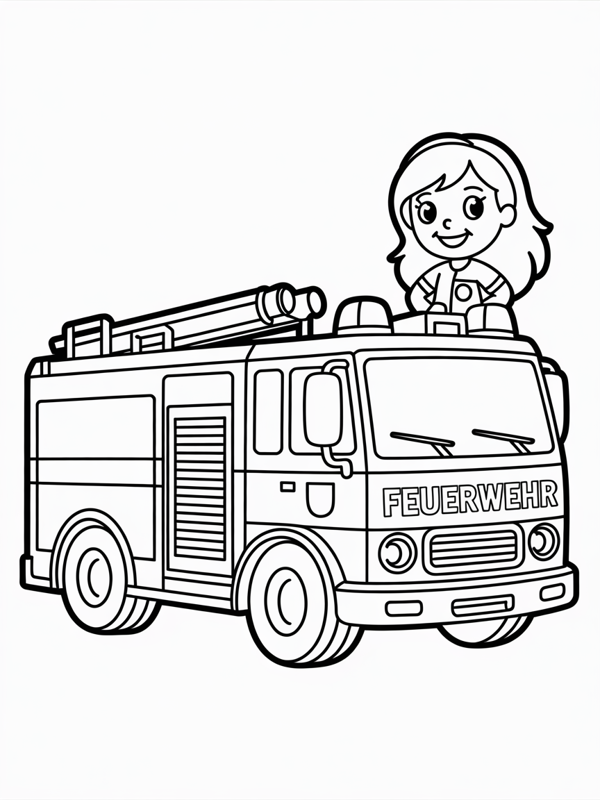 german fire engine. ensure text feuerwehr on truck. female fire fighter - slim long hair - Free Coloring Page
