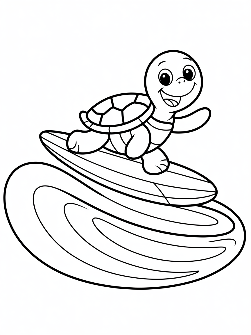 Turtle surfing on rainbow waves - Free Coloring Page
