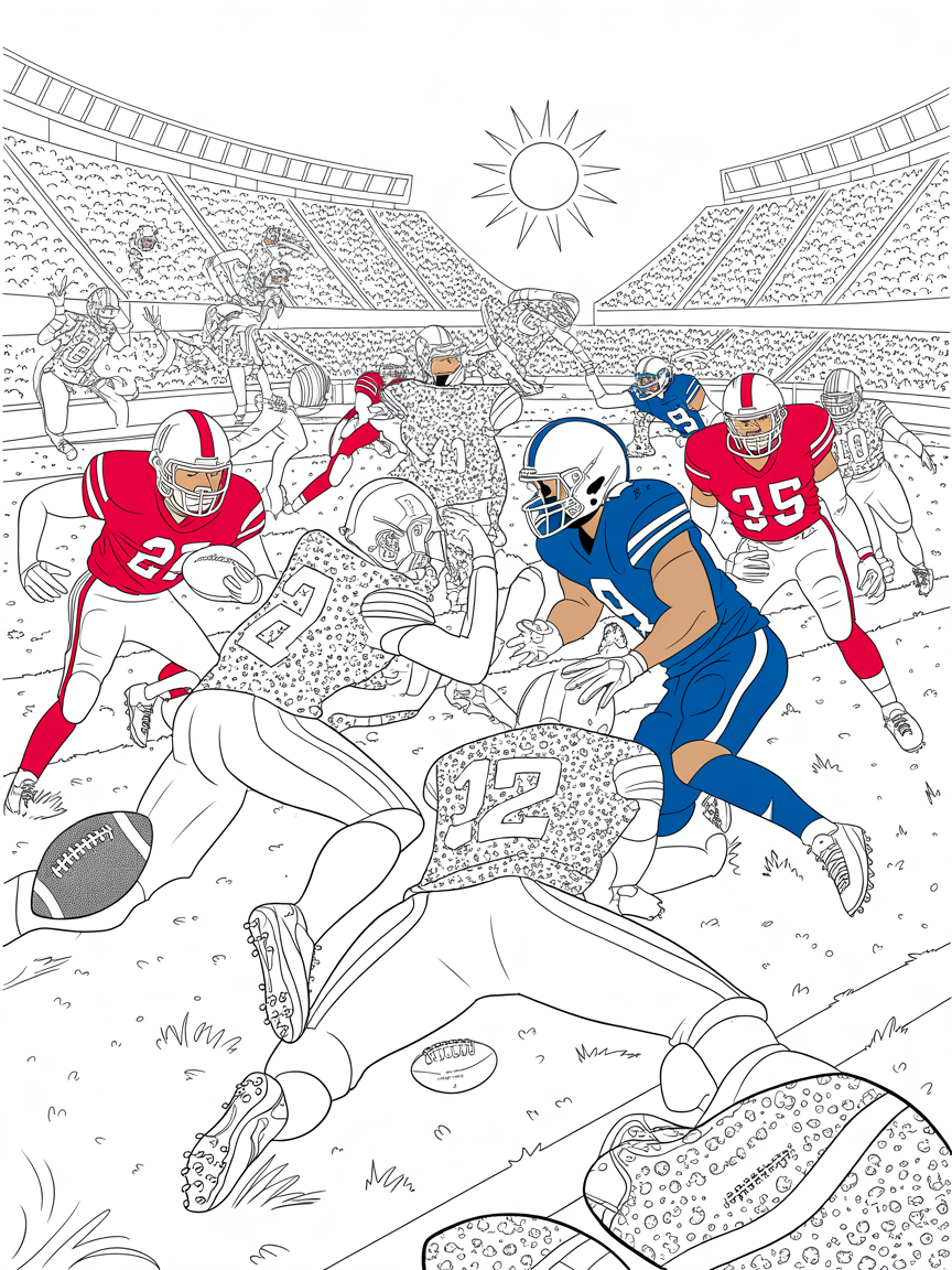 Two teams are playing football. One team is wearing red while the other is wearing blue. - Free Coloring Page