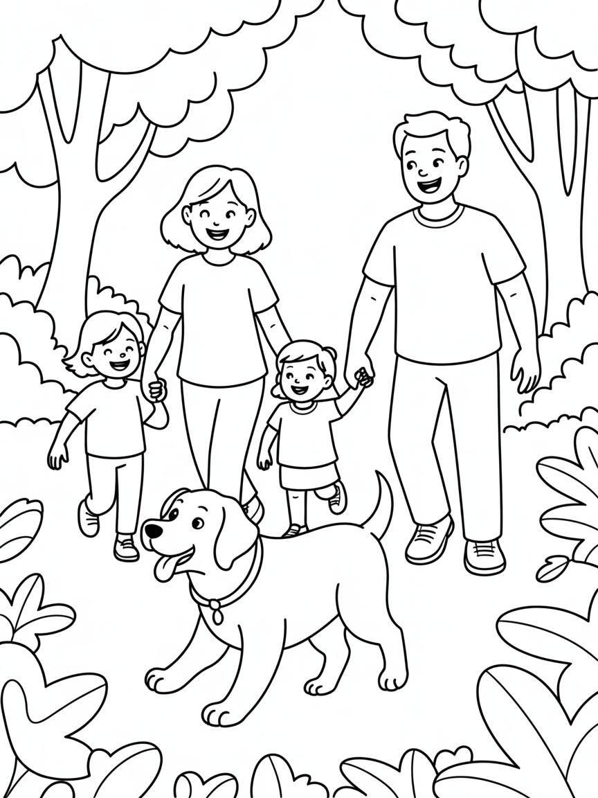 A Chocolate Labrador runs though some woods with a four year old girl, her mum and dad - Free Coloring Page