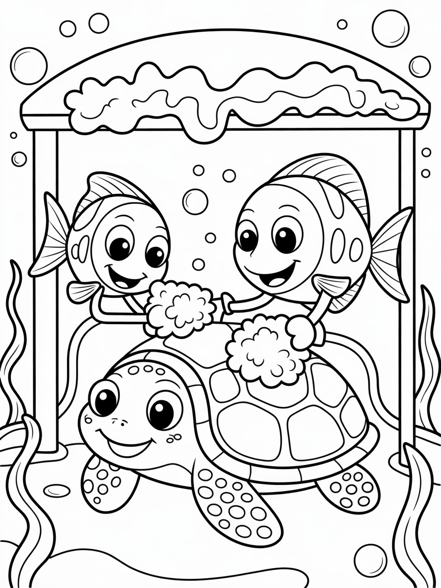 Fish washing a turtle in an underwater carwash - Free Coloring Page