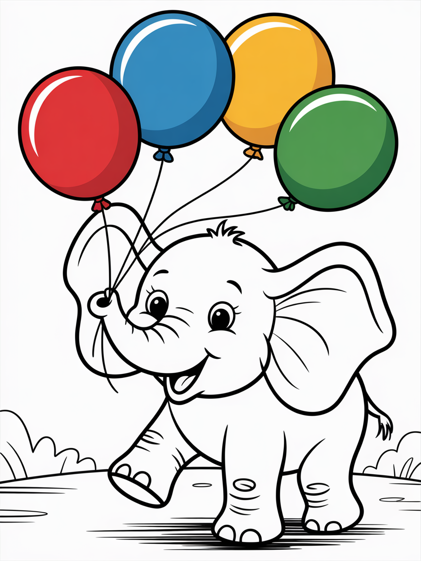 Circus elephant juggling colorful balloons - Free Coloring Page