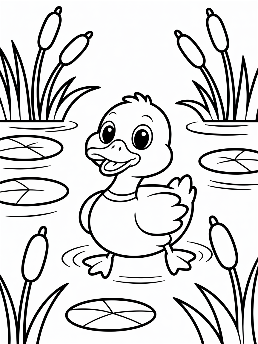 A duck on a pond with lots of plants - Free Coloring Page