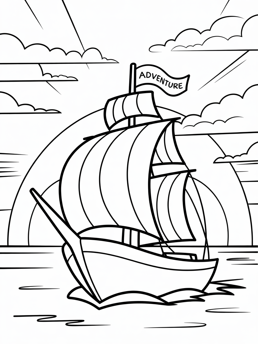 Ship on full sail sunset - Free Coloring Page