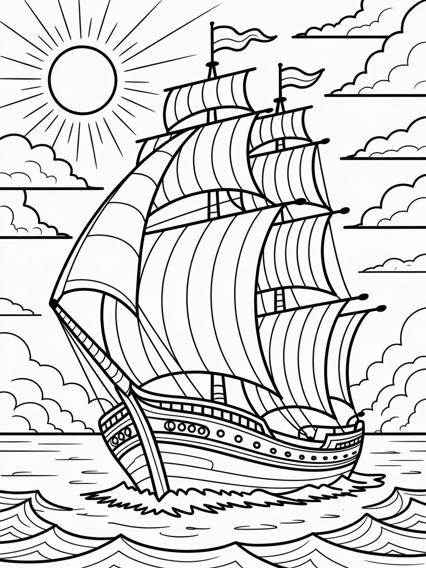 Ship in full sail sunset - Free Coloring Page