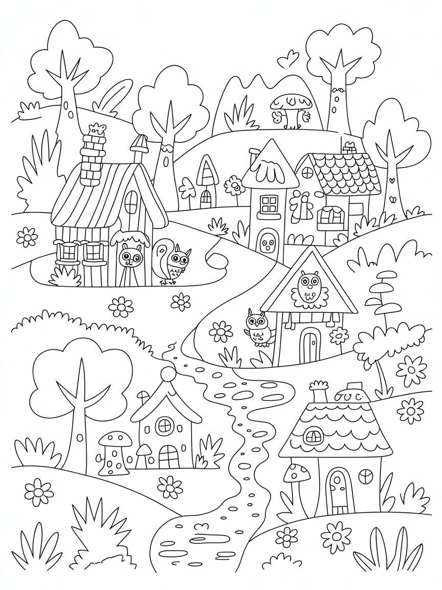 Magical woodland village - Free Coloring Page