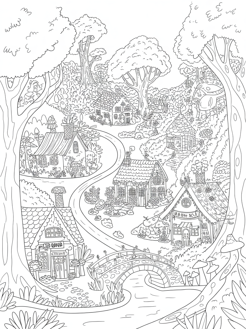 Magical woodland village - Free Coloring Page
