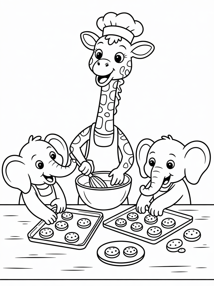 Giraffe baking cookies with elephants - Free Coloring Page