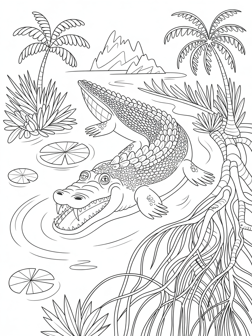 A creature that has a body like a crocodile and a head like a walrus - Free Coloring Page