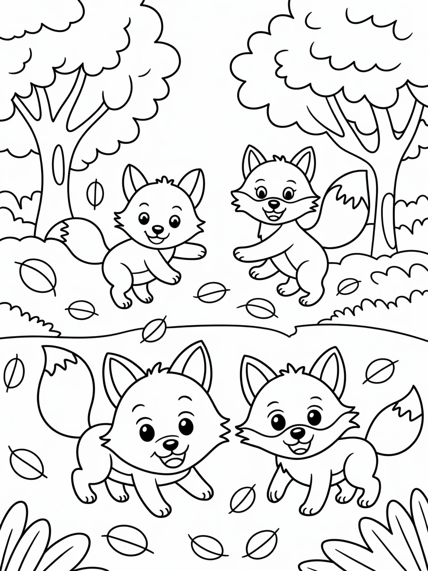 Foxes playing in an autumn forest. - Free Coloring Page