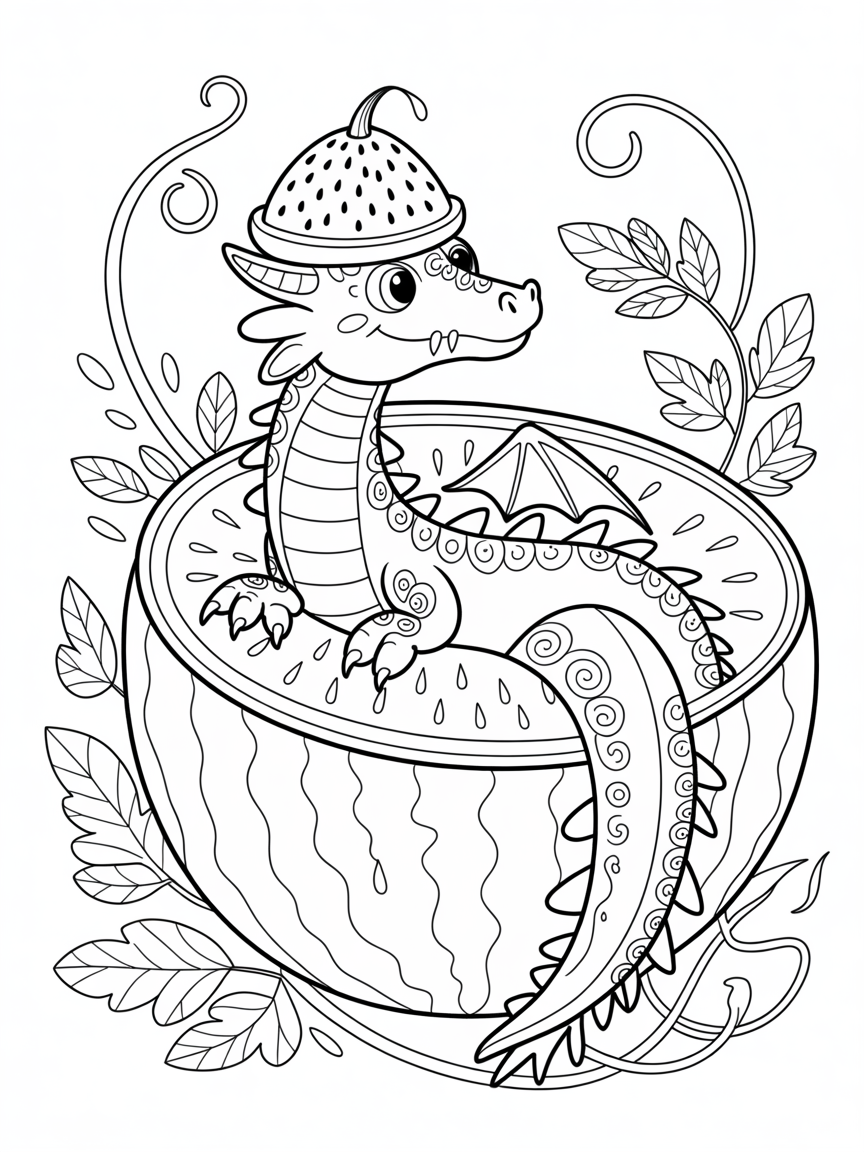 A dragon inside a watermelon with a watermelonhat - Free Coloring Page
