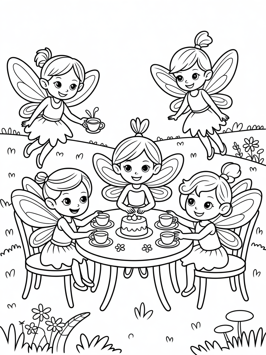 A fairy garden with fairys having a high tea - Free Coloring Page